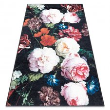 ANDRE 1629 prateľný koberec Vintage kvety, čierno-ružový