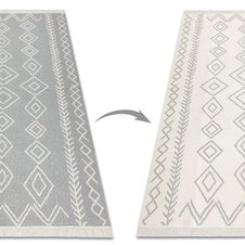 Obojstranný šnúrkový ekologický koberec TWIN 23000 Boho, so strapcami, krémovo - sivý
